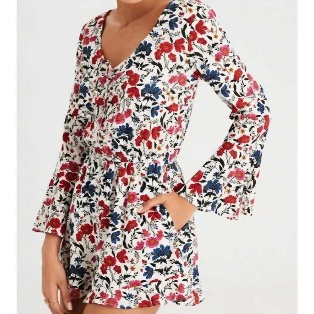 American Eagle Romper Women's XS Floral Multicolor Bell Sleeve Bohemian